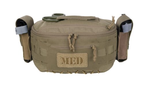 Lysander MED Waist Bag in Coyote Brown with two external tourniquet pouches attached