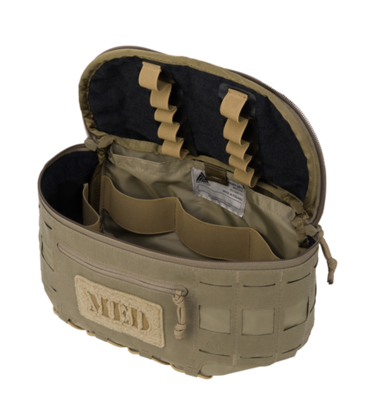 Lysander MED Waist Bag - Coyote Brown Lysander Med Waist Bag with lid open, showing internal compartments