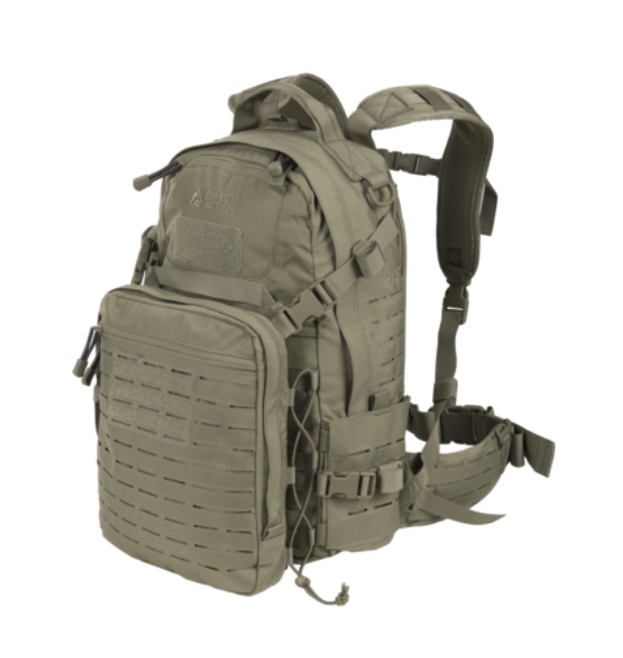 Ghost MkII Backpack – Adaptive Green (Front Angle) Ghost MkII Backpack in Adaptive Green – front angle view with laser-cut MOLLE panel and padded shoulder straps