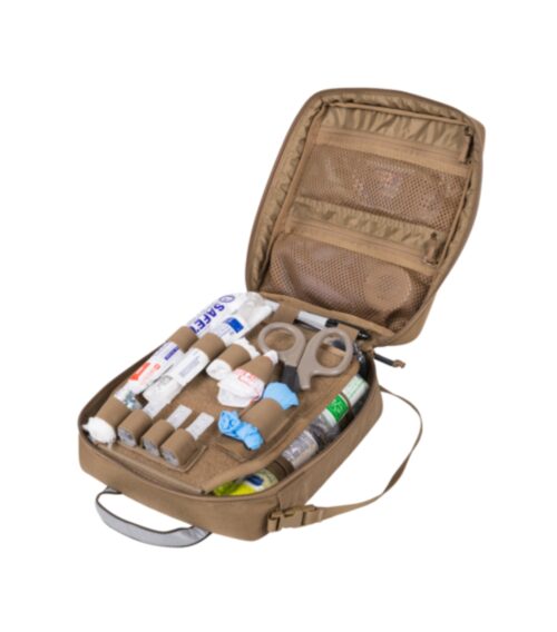Open Adaptive Green Cordura® first aid pouch showing internal compartments for medical supplies