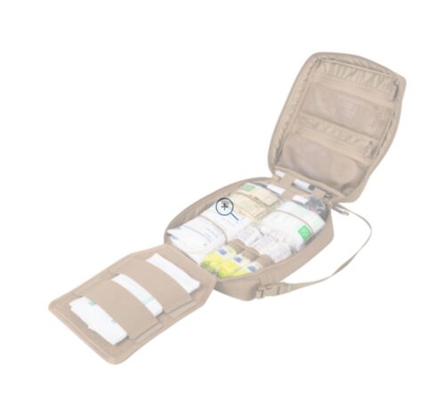 Open Automotive Med Kit pouch in Adaptive Green Cordura, shown in tri-fold layout with packed medical supplies and internal elastic organiser