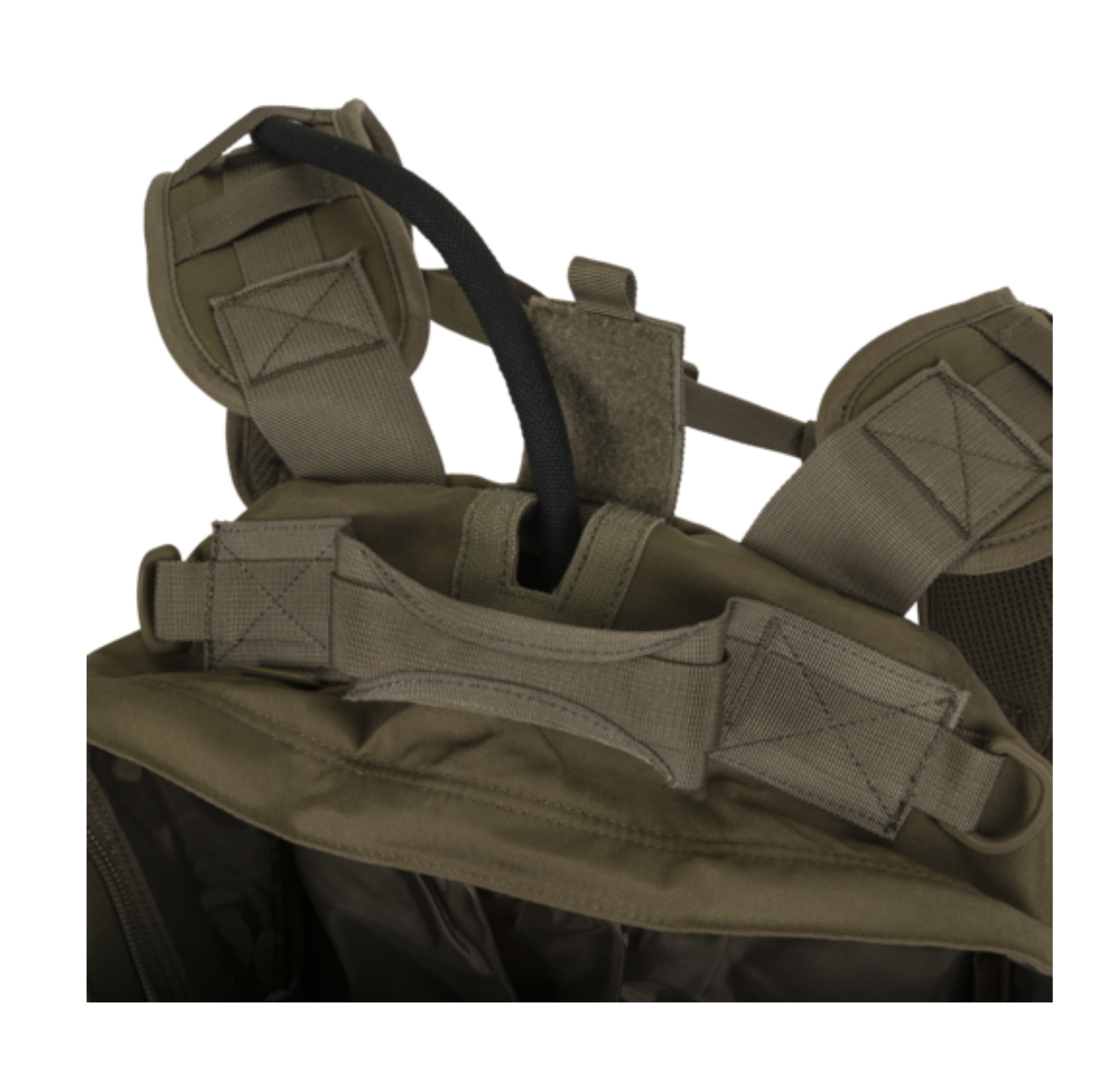 Ghost MkII Backpack – Hydration Hose Port & Top Handle Ghost MkII Backpack close-up showing hydration hose routing through top port and reinforced carry handle