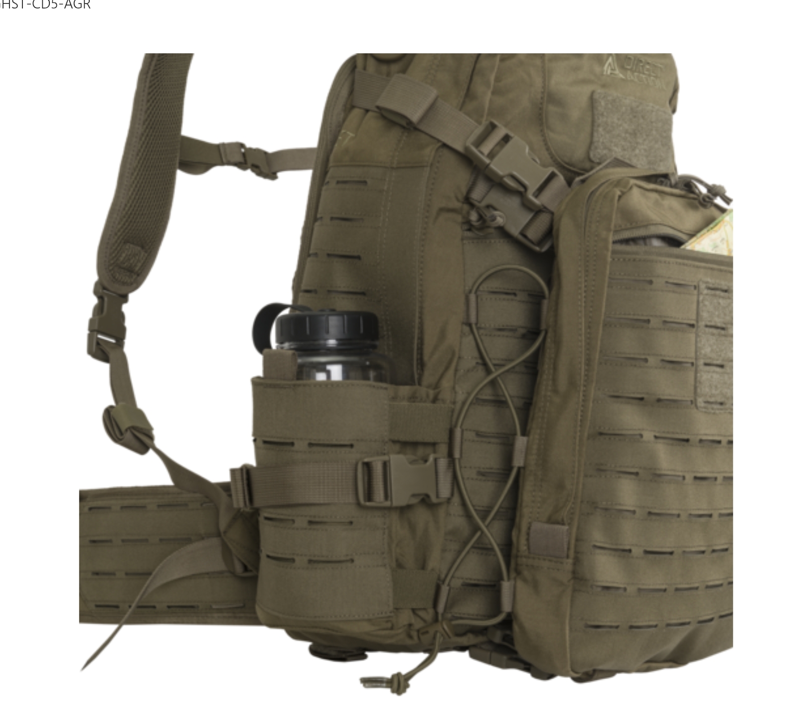 Ghost MkII Backpack – Side Pouch and MOLLE Detail Ghost MkII Backpack side view showing utility pouch with bottle and laser-cut MOLLE webbing
