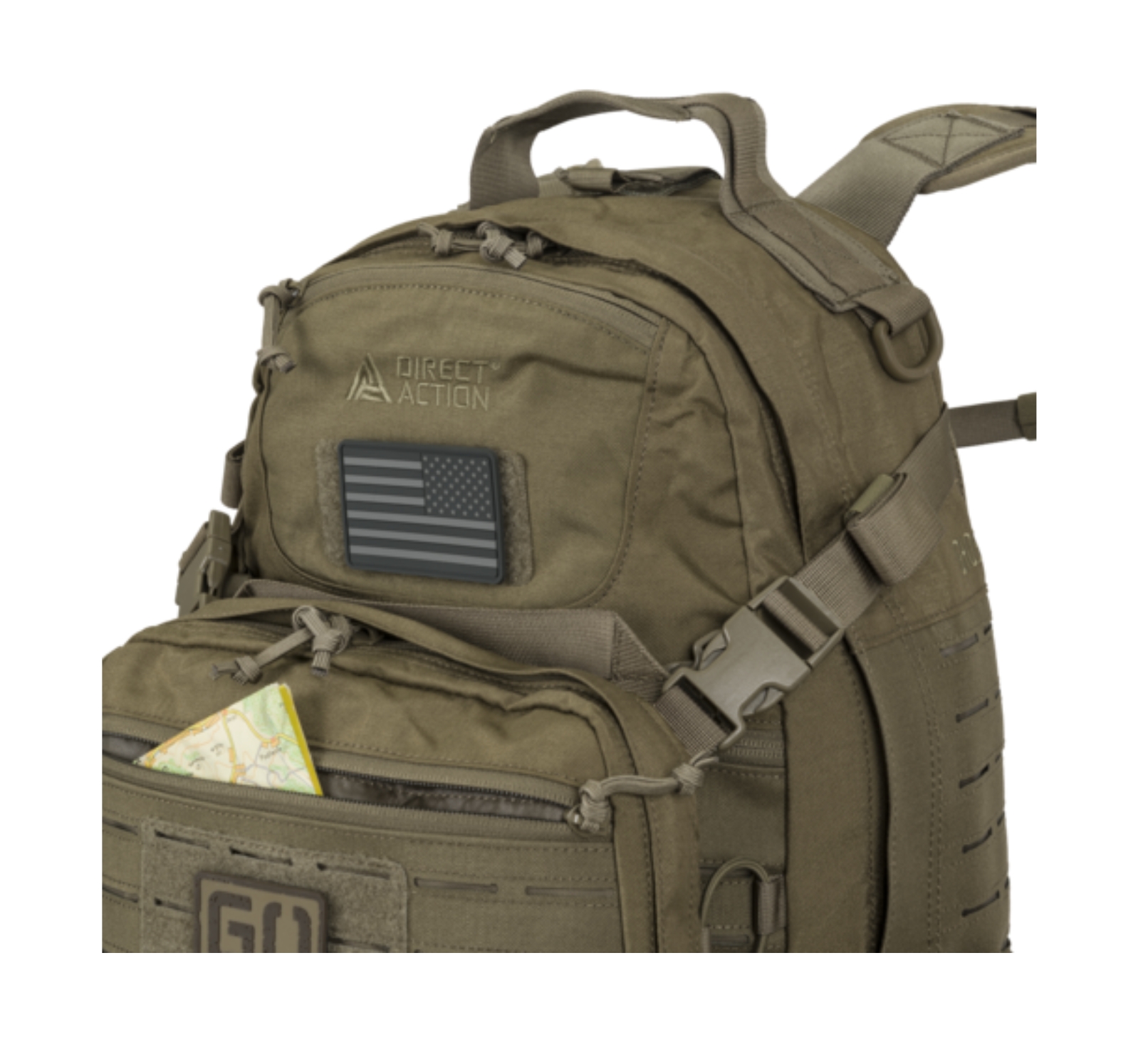 Ghost MkII Backpack – Front Panel with Patch Front view of Ghost MkII Backpack showing velcro patch panel, zipped admin pouch, and shoulder strap detail