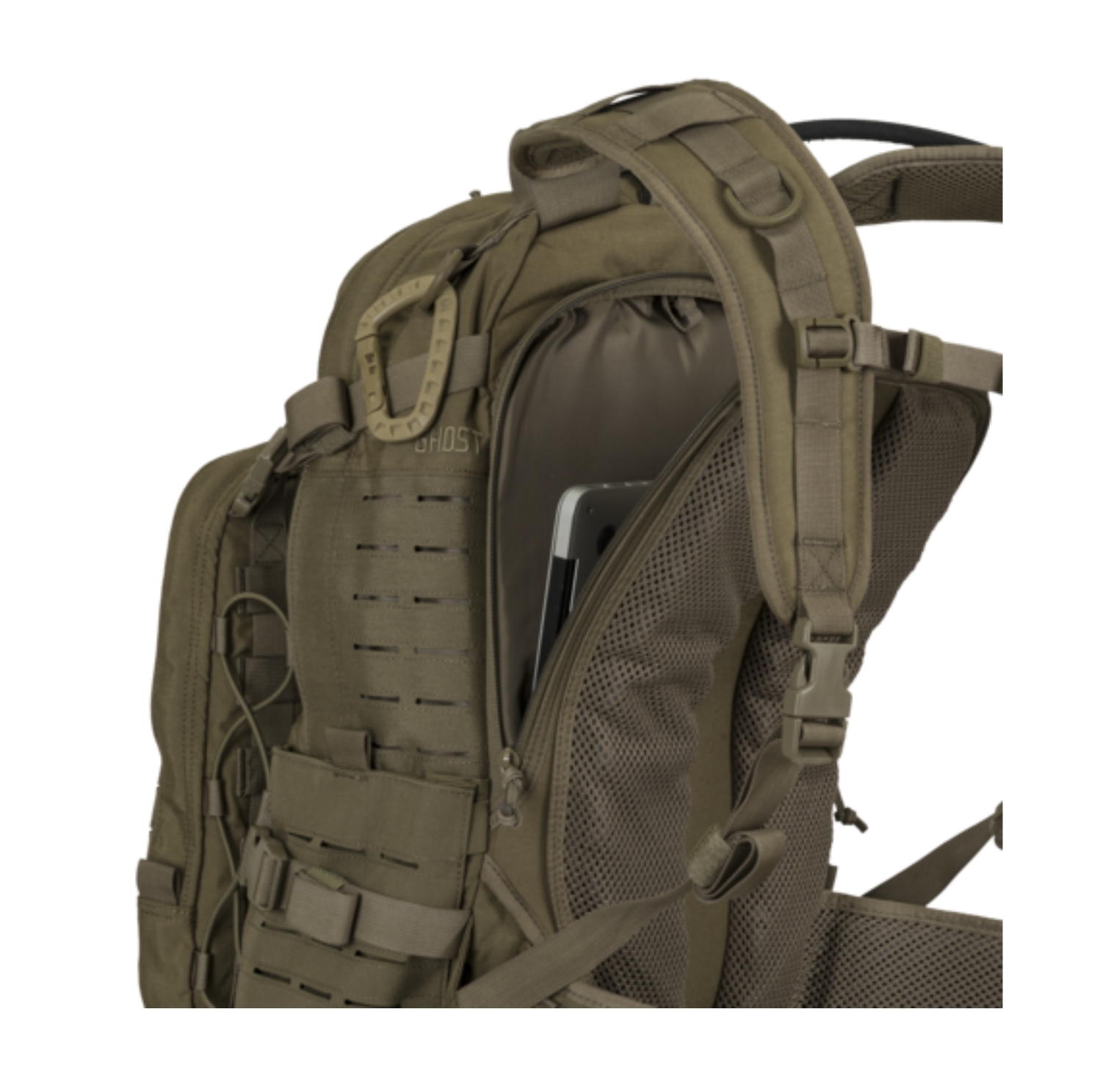 Ghost MkII Backpack – Side Entry Pocket Ghost MkII Backpack showing side entry compartment with internal mesh and tablet storage