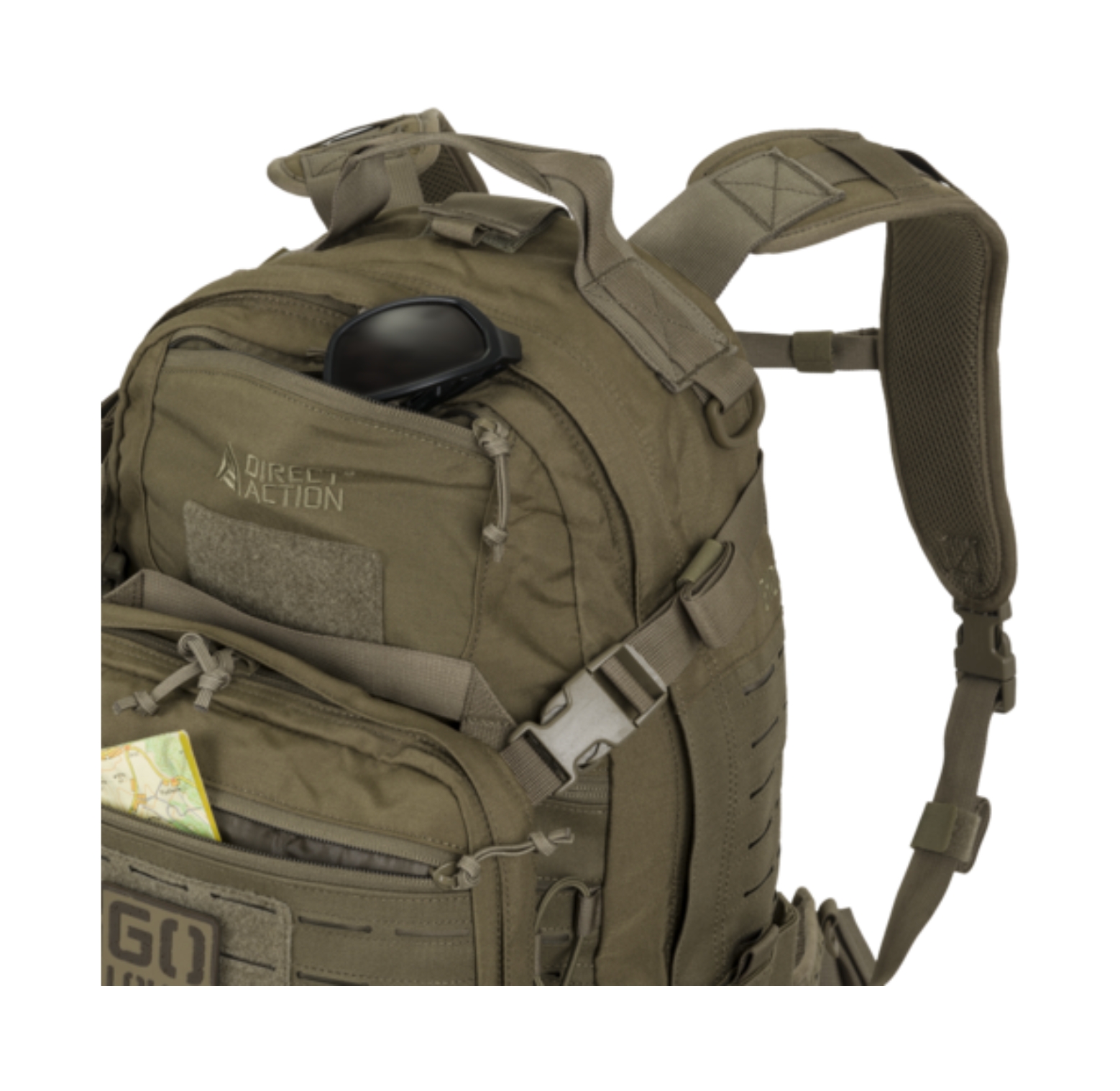 Ghost MkII Backpack – Front Compartment Detail Close-up of Ghost MkII Backpack showing sunglasses in top zip pocket and map stored in front admin panel