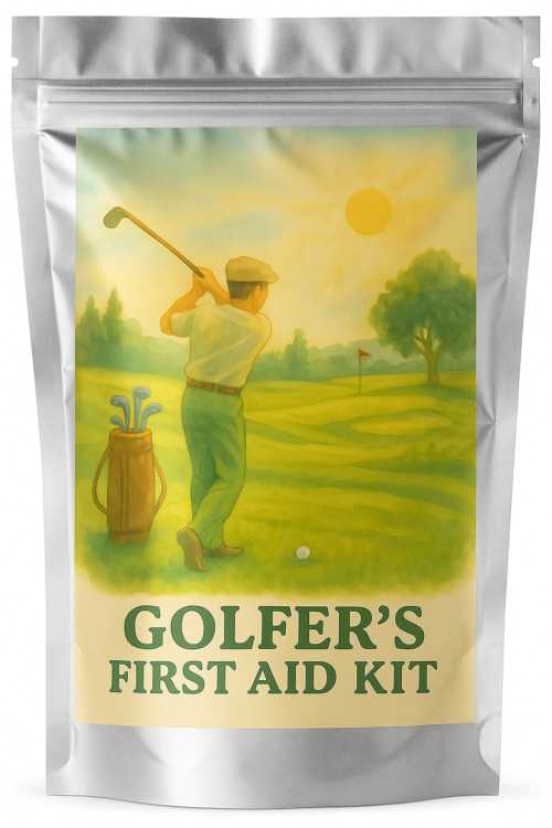 Golfer’s First Aid Kit in a waterproof resealable bag, designed for handling minor mishaps during a round of golf