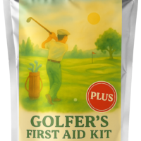 Golfer’s First Aid Kit Plus in a waterproof resealable bag, includes Axiostat for treating bleeding during golf-related injuries