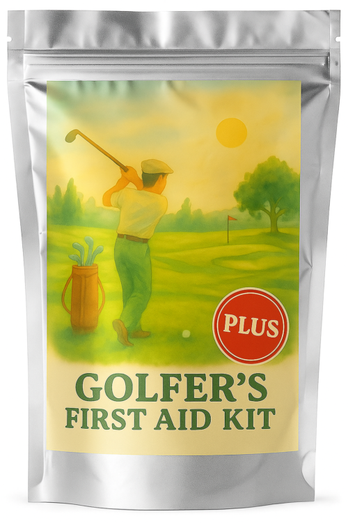 Golfer’s First Aid Kit Plus in a waterproof resealable bag, includes Axiostat for treating bleeding during golf-related injuries