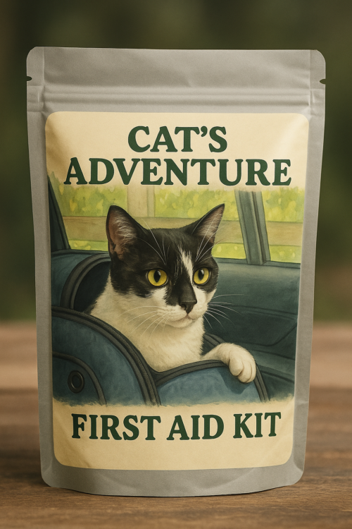 Cat’s Adventure First Aid Kit in a waterproof resealable bag, designed for active cats and pet owners on the go