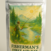 Fisherman’s First Aid Kit in a waterproof resealable Mylar bag with printed design, compact and ready for outdoor use