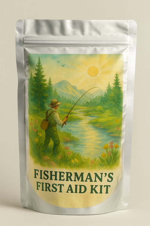 Fisherman’s First Aid Kit in a waterproof resealable Mylar bag with printed design, compact and ready for outdoor use
